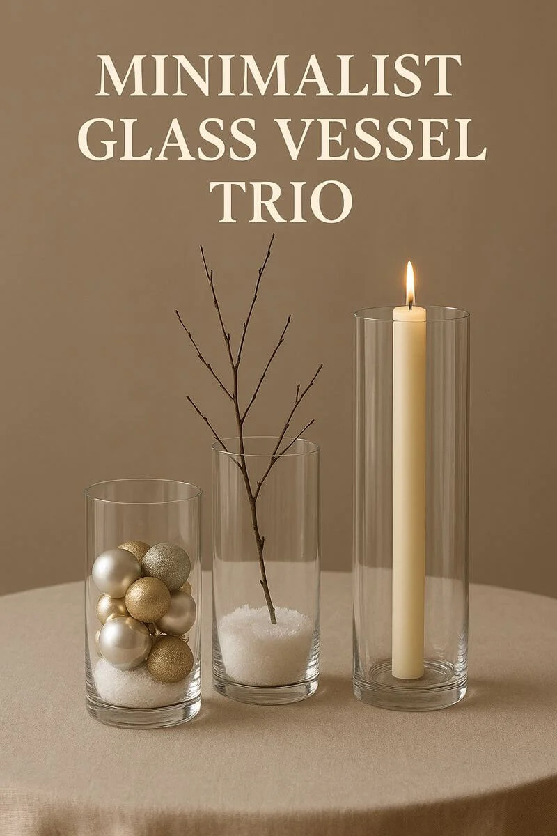 Minimalist Christmas centerpiece with clear glass vases filled with faux snow gold ornaments a bare branch and a single pillar candle