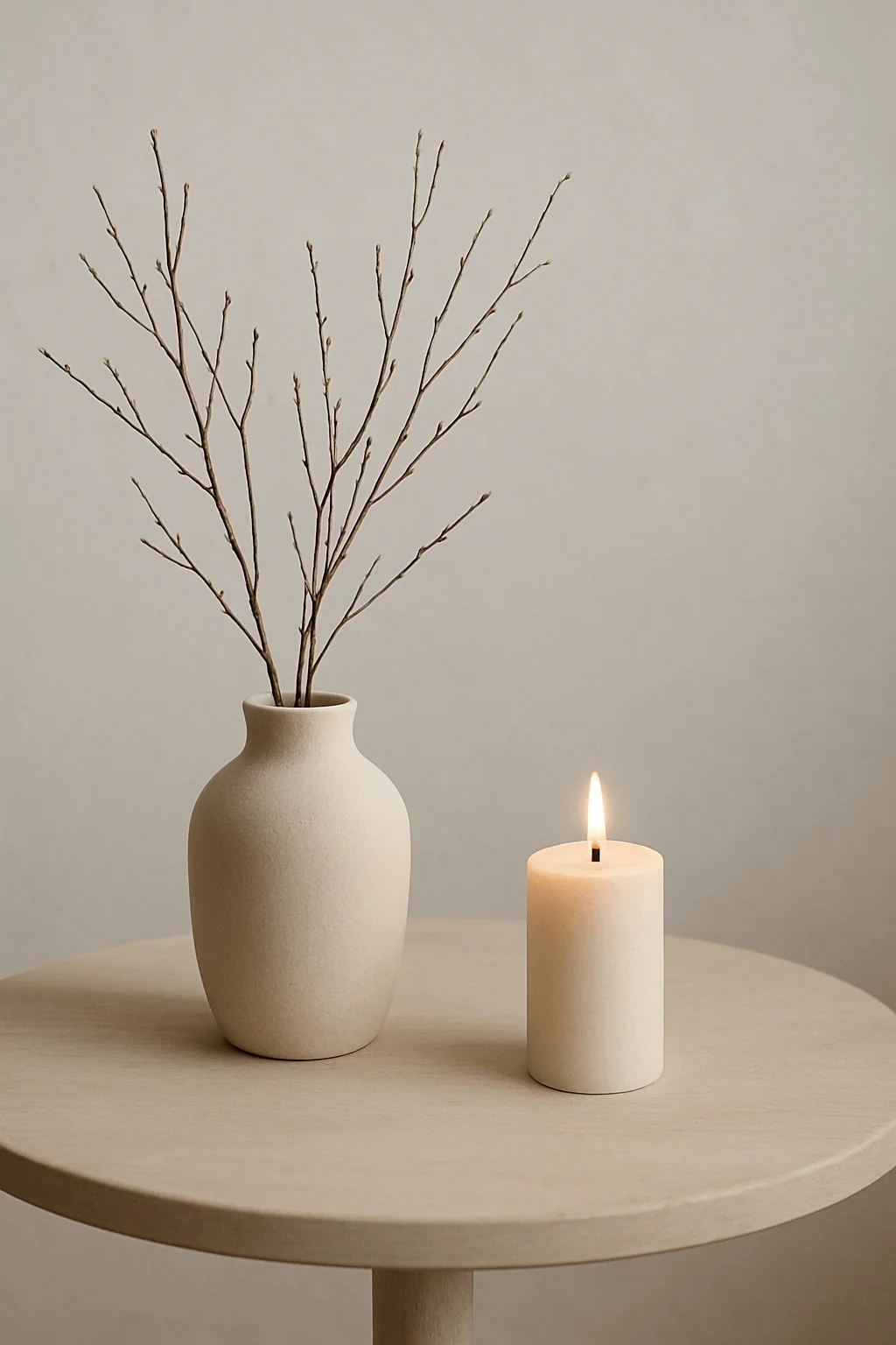 minimalist neutral decor with dried twig arrangement in ceramic vase and lit pillar candle