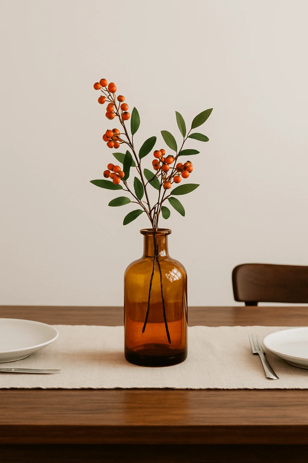 Minimalist centerpiece with orange berry branch in amber glass vase on simple table setting