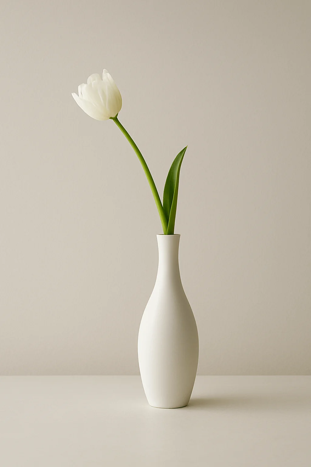Minimalist white vase with a single white tulip on a neutral background