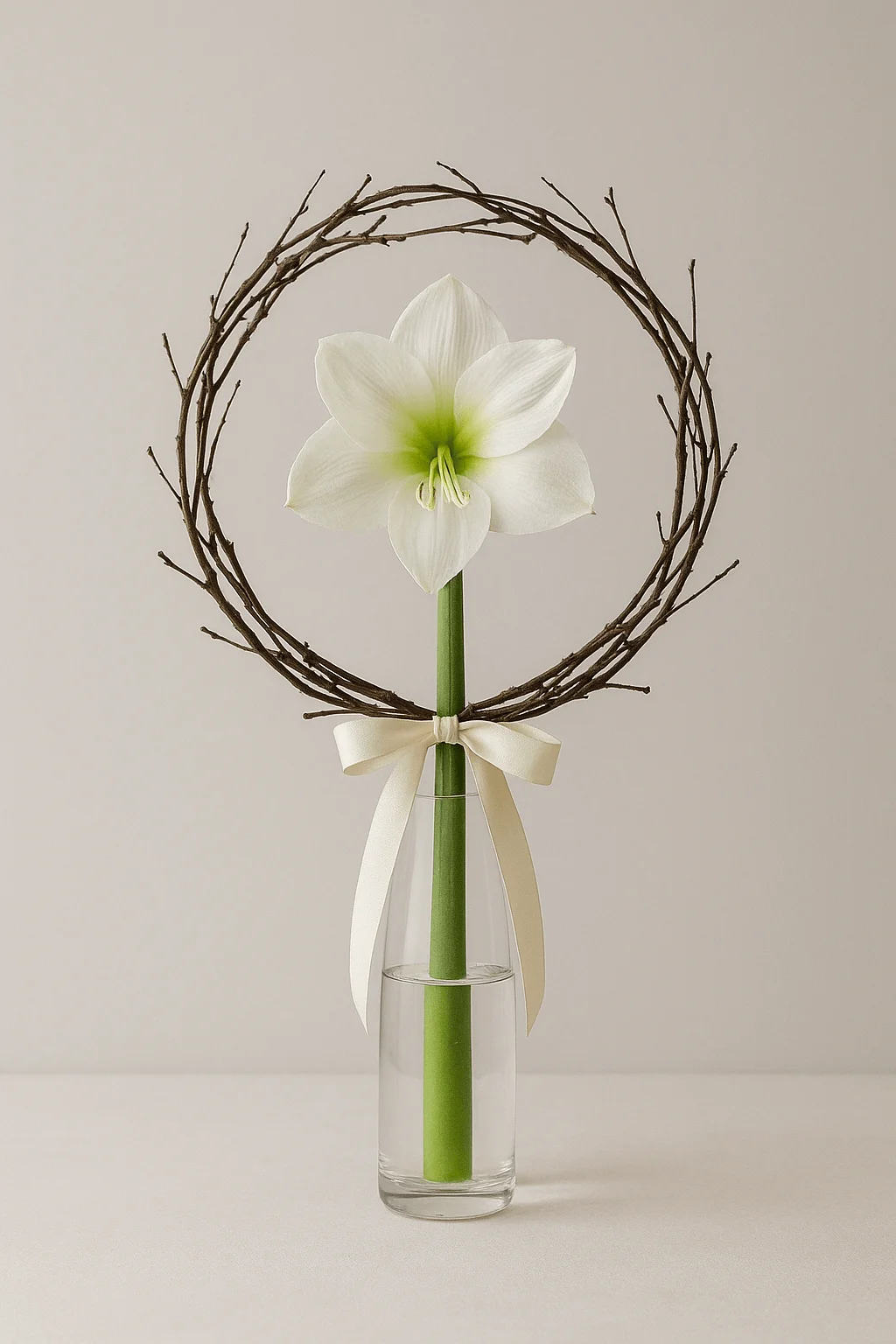 Minimalist centerpiece with a white amaryllis in a glass vase framed by a twig halo and ivory bow