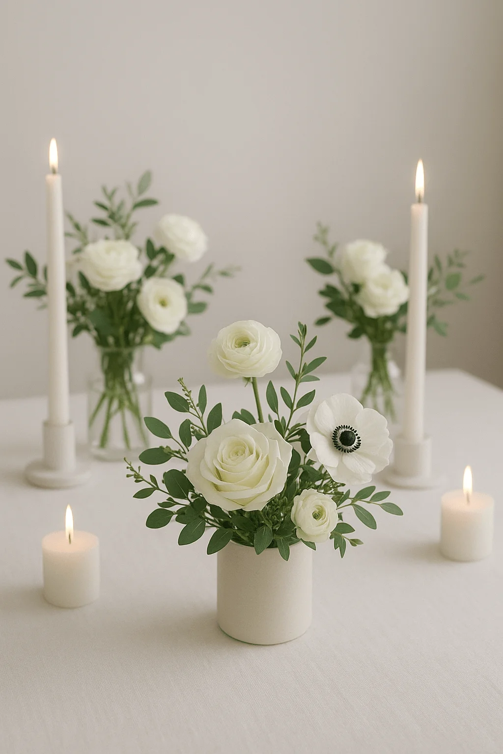 Minimalist white floral centerpiece with roses anemones greenery and soft candlelight