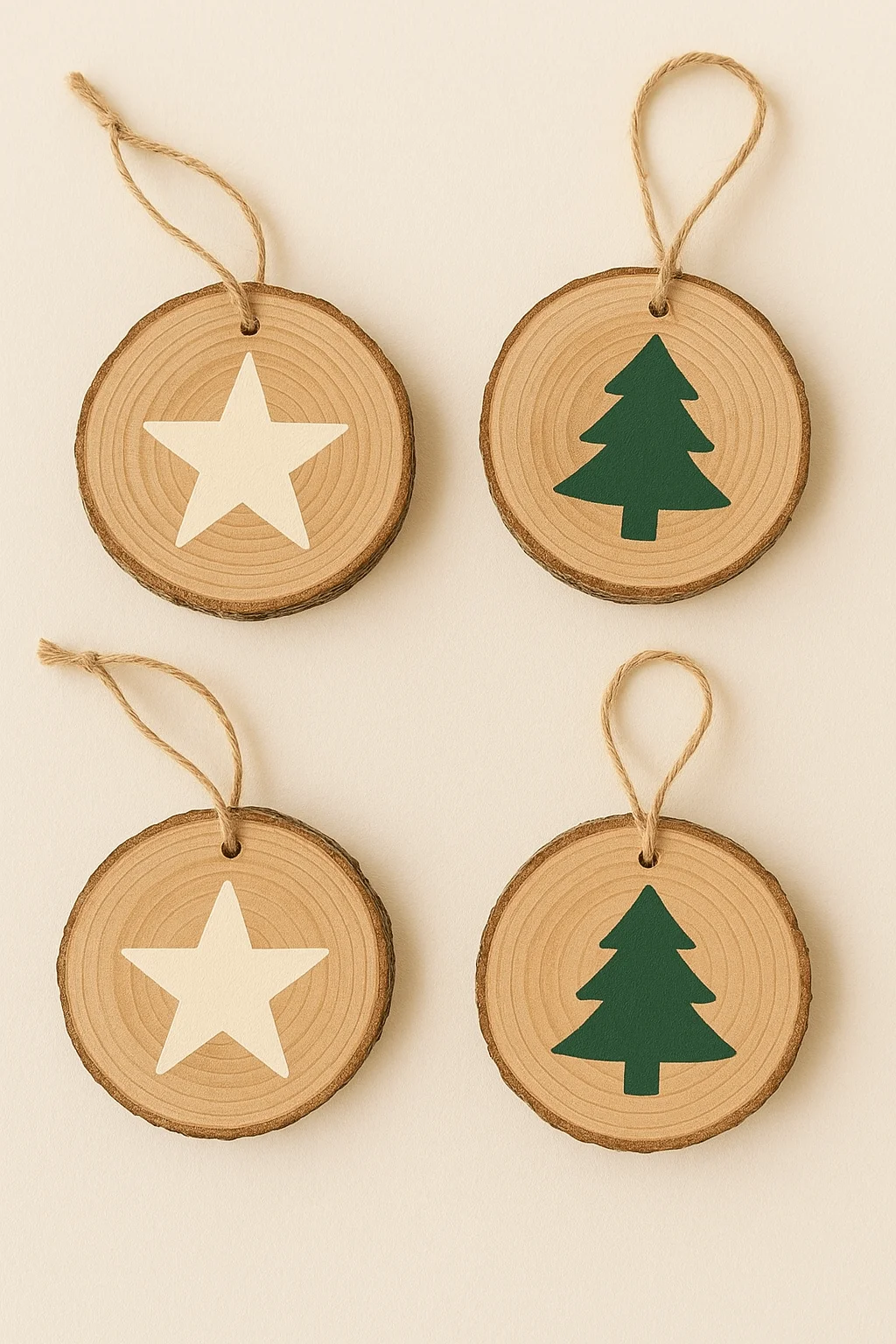 minimalist wood slice ornaments with painted white stars and green christmas trees and jute string loops