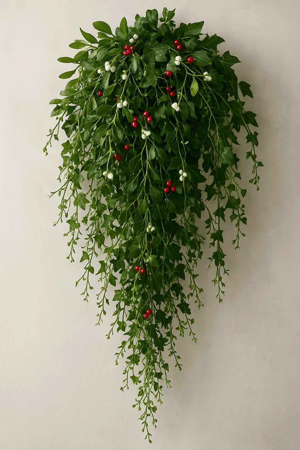 Cascading winter greenery arrangement with fresh mistletoe ivy leaves and red berries displayed as a natural wall hanging on a neutral background
