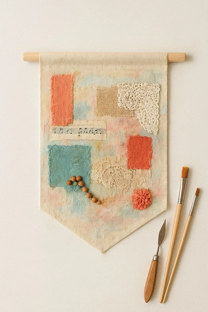 mixed media collage banner with fabric scraps lace beads and pastel painted background