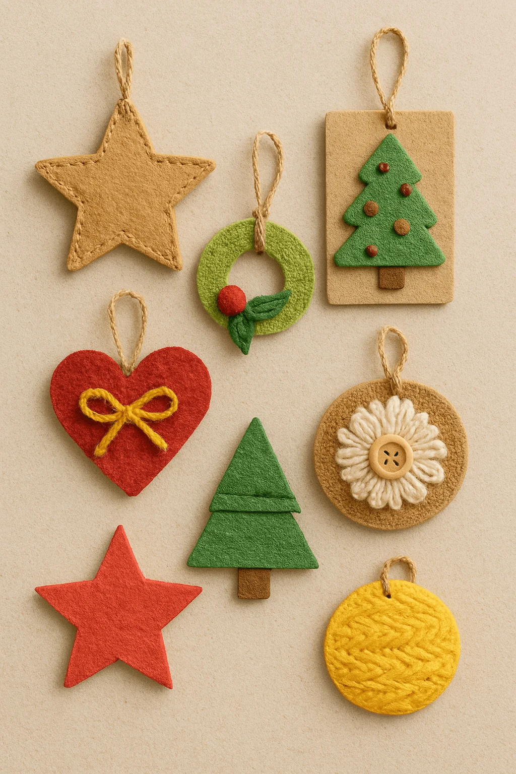 felt and mixed media christmas ornaments in star heart tree wreath and round designs crafted with yarn buttons and textured materials