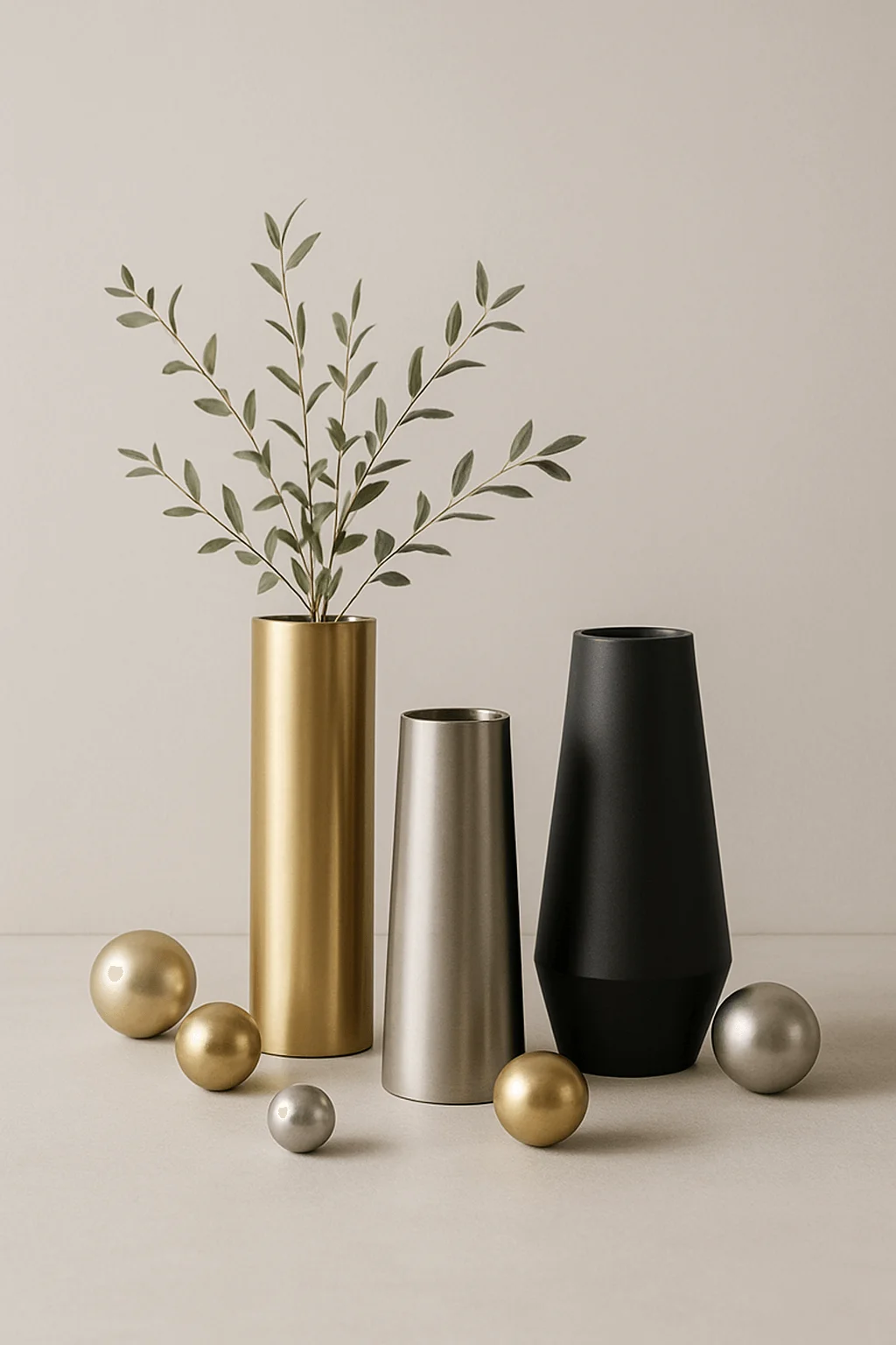 Modern mixed metal vases with minimalist greenery and scattered metallic decorative spheres