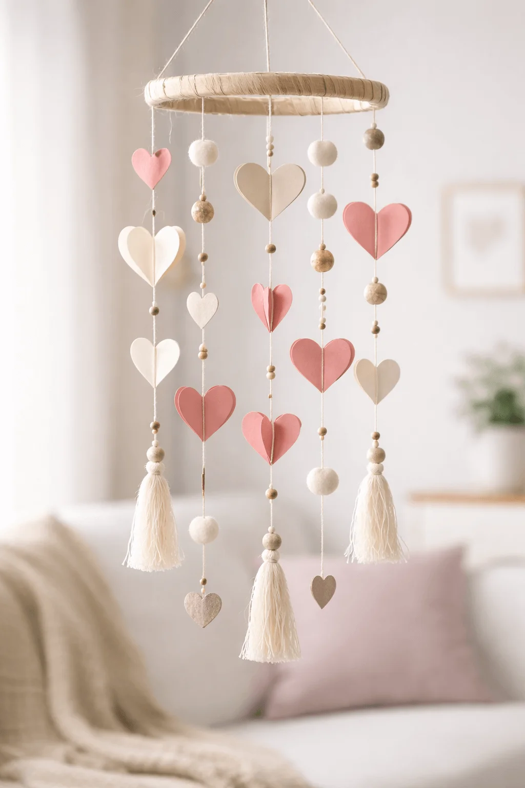 Mixed media heart mobile with paper hearts wooden beads and tassels hanging as soft romantic nursery and home decor