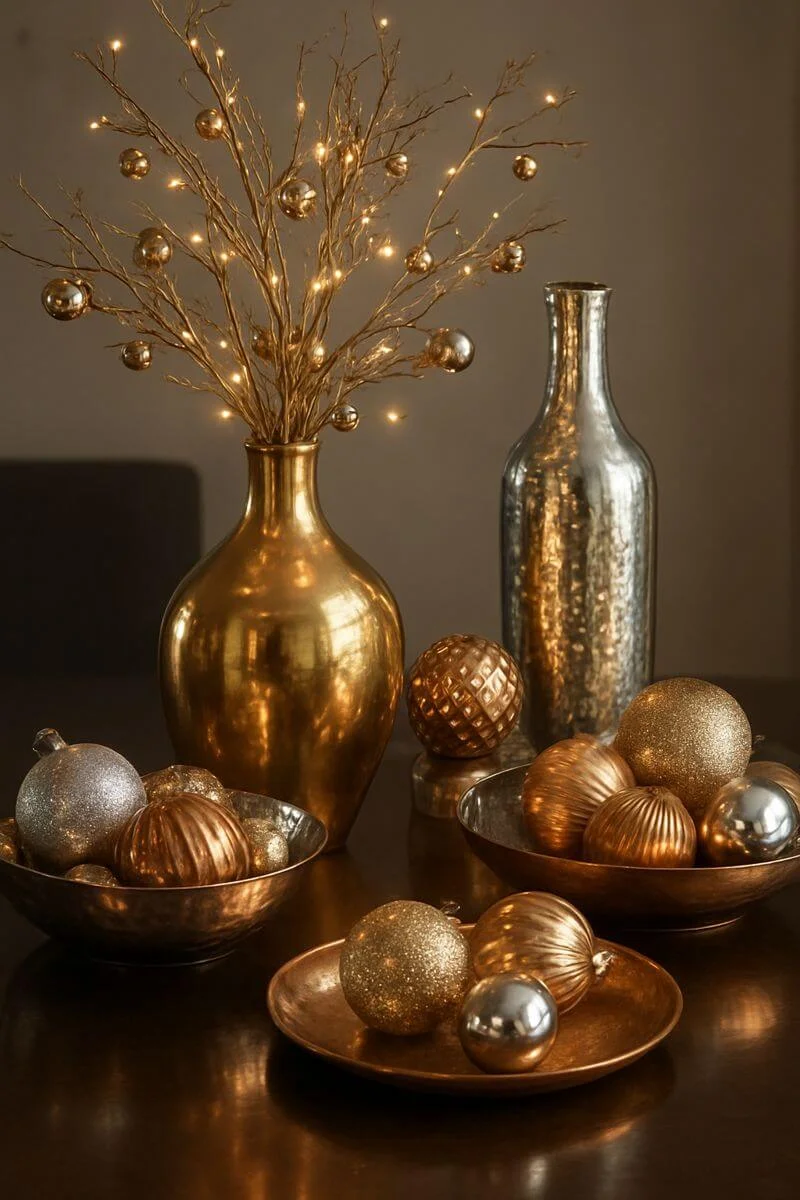 Modern metallic Christmas centerpiece with gold branches fairy lights and mixed metallic ornaments