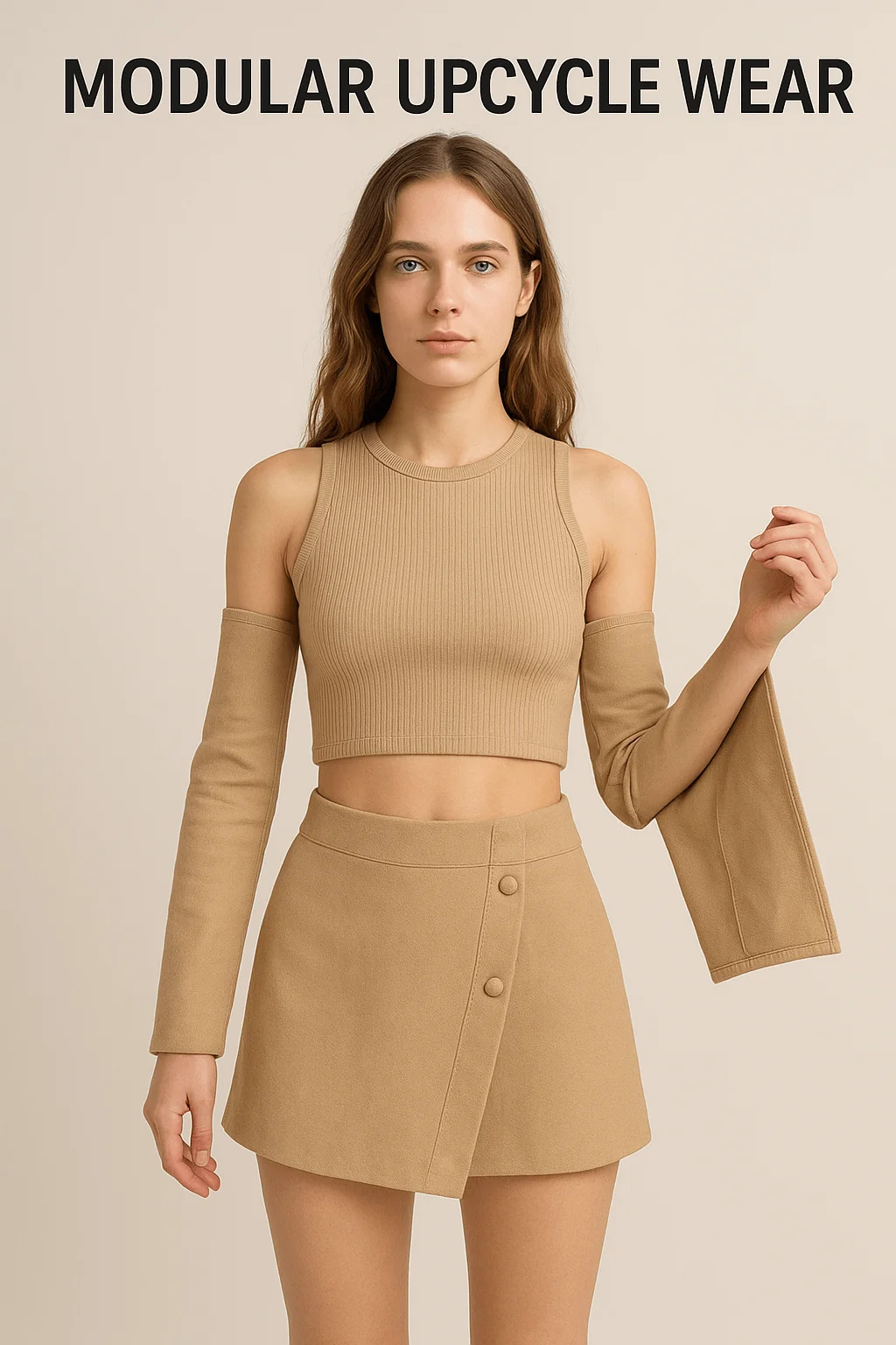 Modular upcycle wear outfit showing a neutral toned cropped top skirt and detachable sleeves designed for sustainable and versatile fashion
