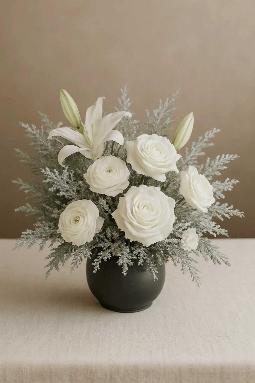 Monochrome winter floral arrangement featuring creamy white roses and lilies paired with frosted silver foliage in a matte black vase for a clean elegant cold-season look
