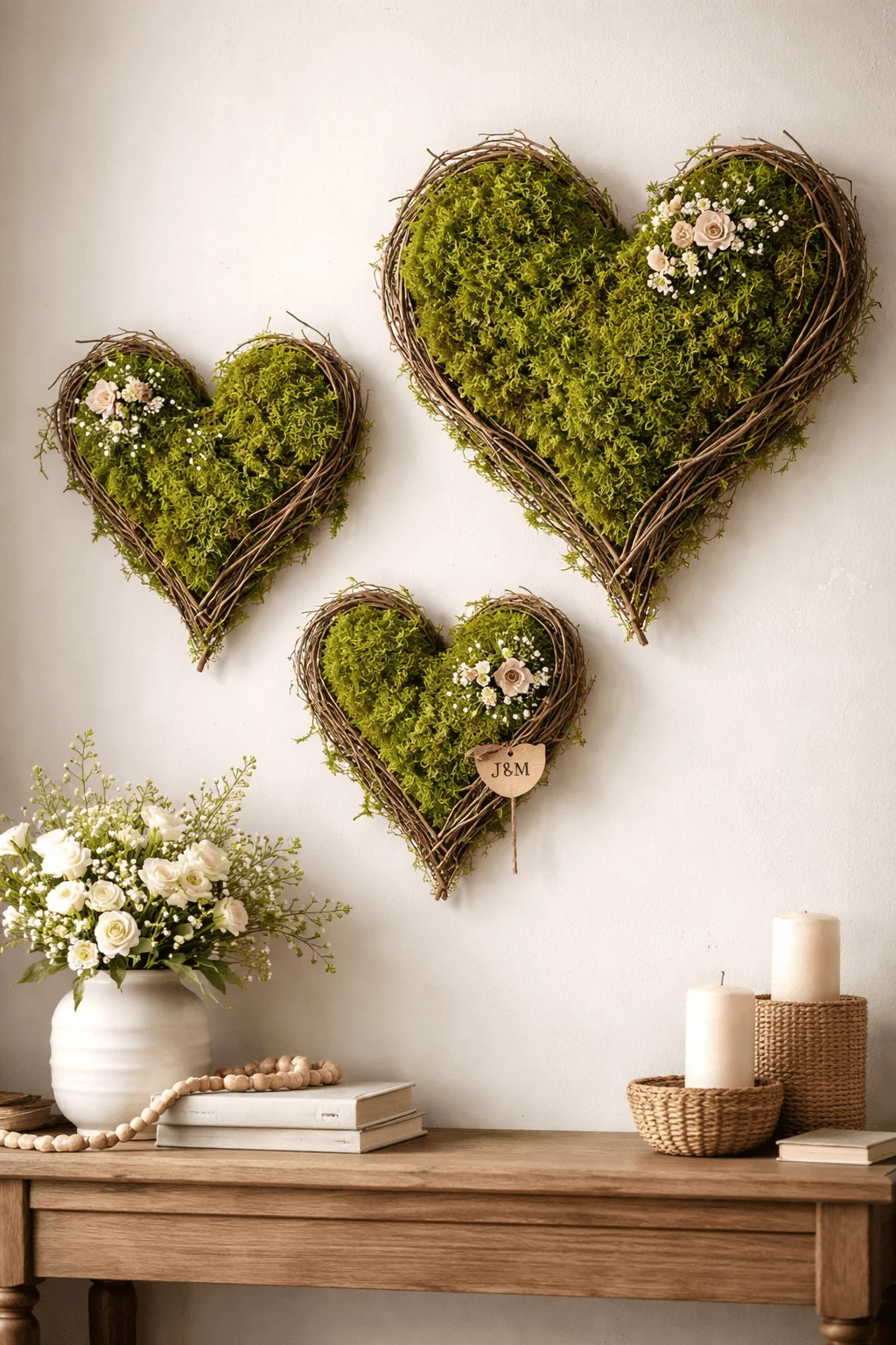 moss heart wall art with natural twigs green moss flowers and rustic valentines day home decor on neutral wall