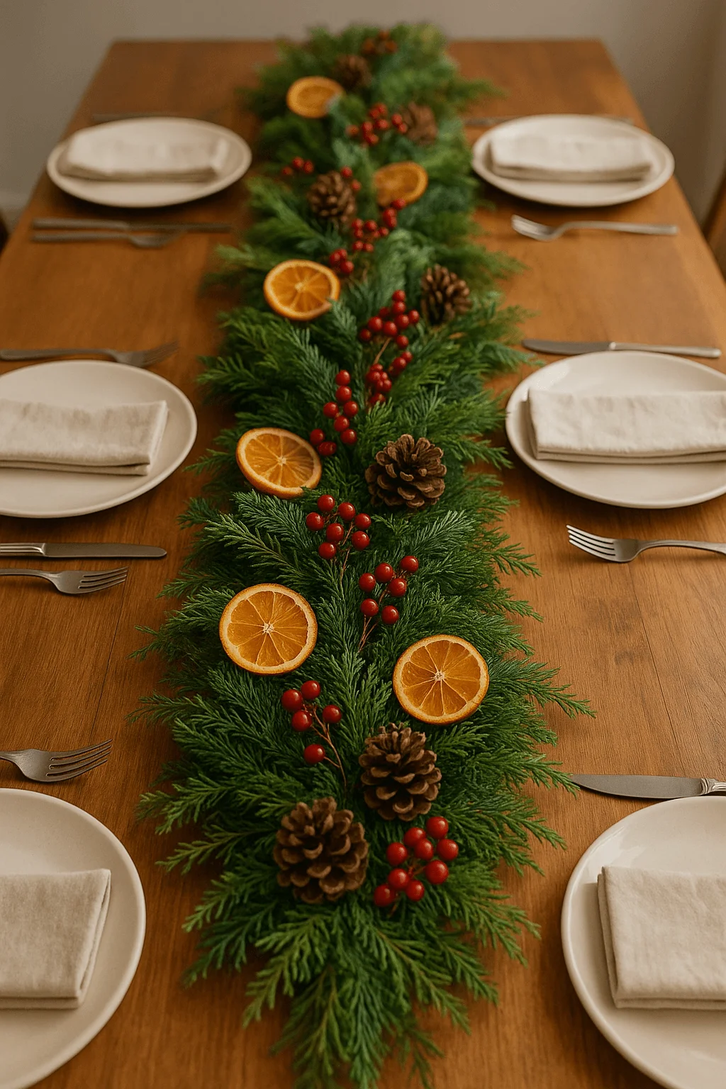 Christmas table garland centerpiece with evergreen branches dried orange slices pinecones and red berri