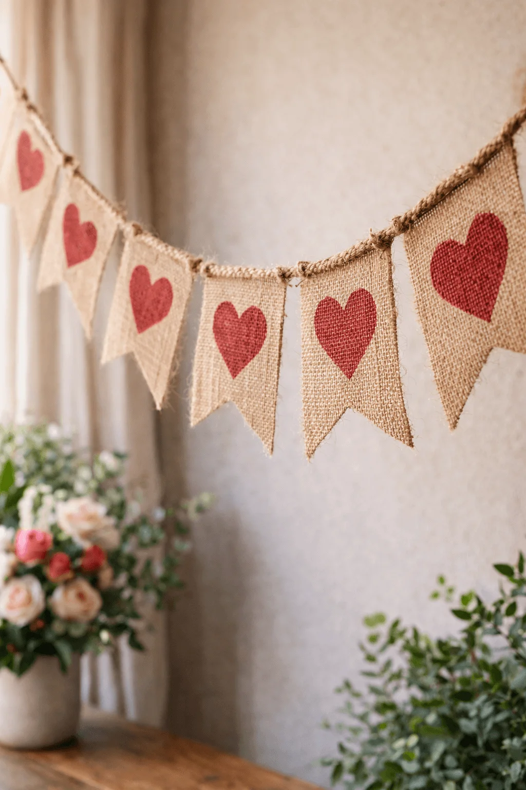 natural burlap heart banner hanging on rope with rustic valentines day decor and floral accents indoors