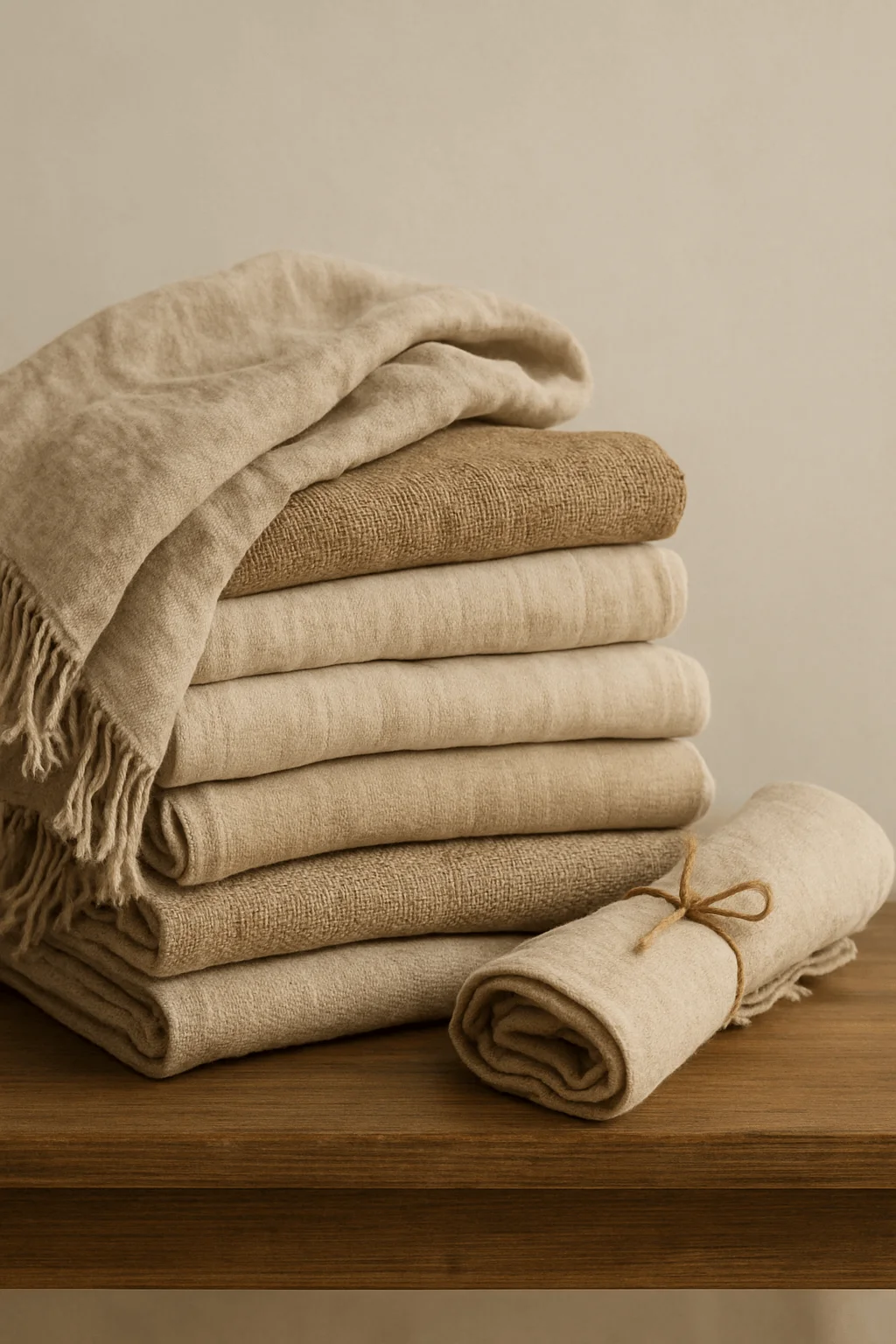 stacked neutral linen and cotton blankets with natural texture folded on a wooden shelf for cozy minimalist decor
