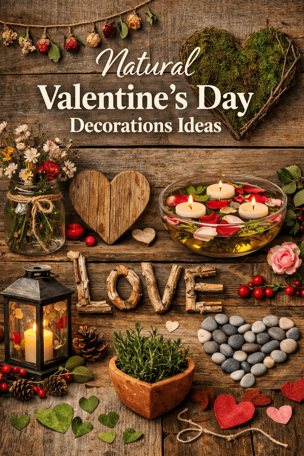 natural valentines day decorations with rustic wooden hearts dried flowers candles rose petals love letters and cozy farmhouse decor on wooden background