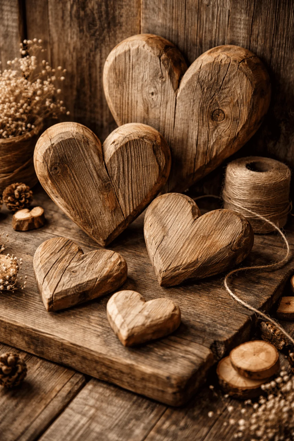 natural wood heart carvings in different sizes with rustic texture twine and dried botanicals for valentines day farmhouse decor