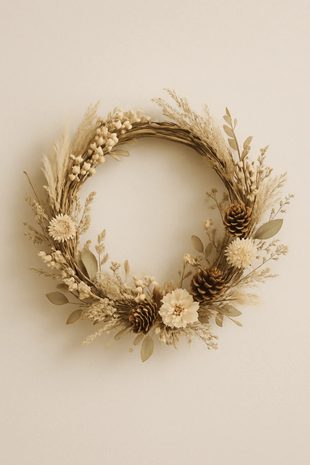 neutral winter wreath made with dried grasses pinecones soft florals and natural foliage on a light wall
