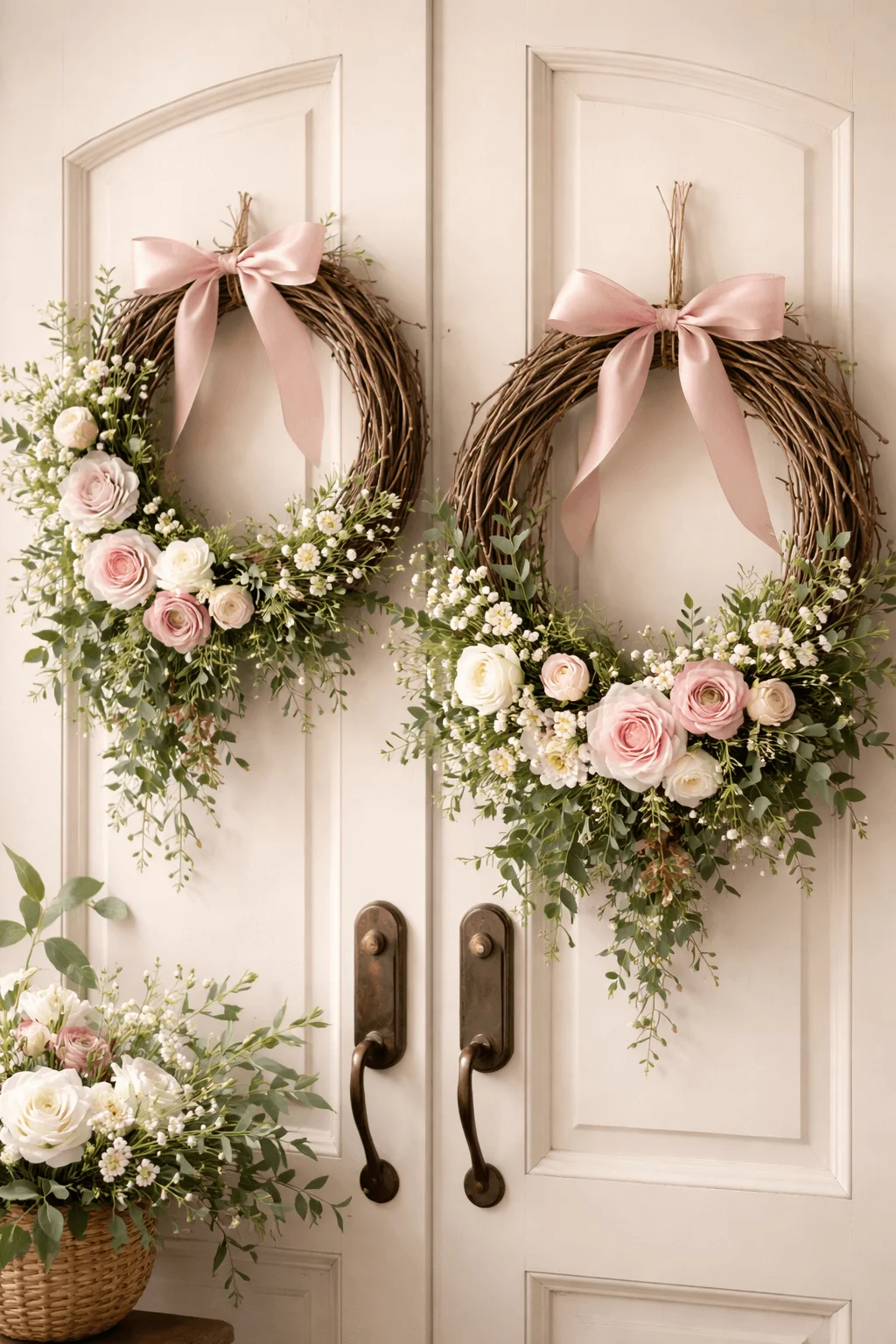 natural wreaths with flowers and vines featuring soft pink roses greenery and ribbon bows hanging on white double doors for romantic farmhouse decor