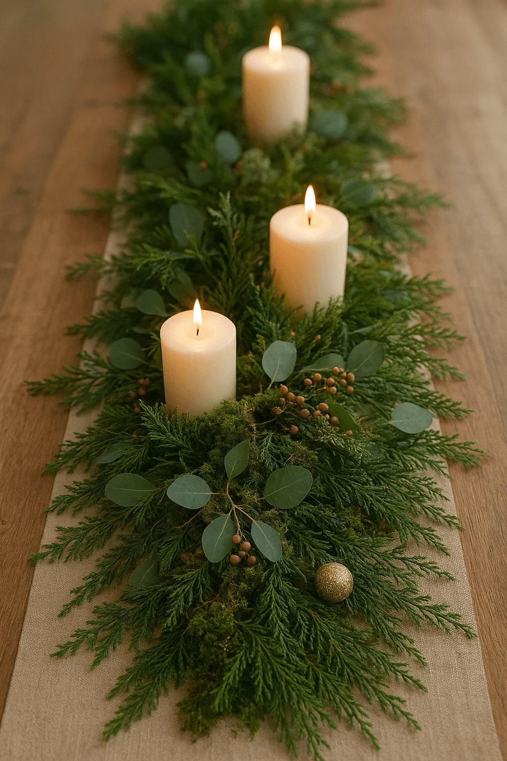 Christmas table garland centerpiece with evergreen branches eucalyptus and pillar candles