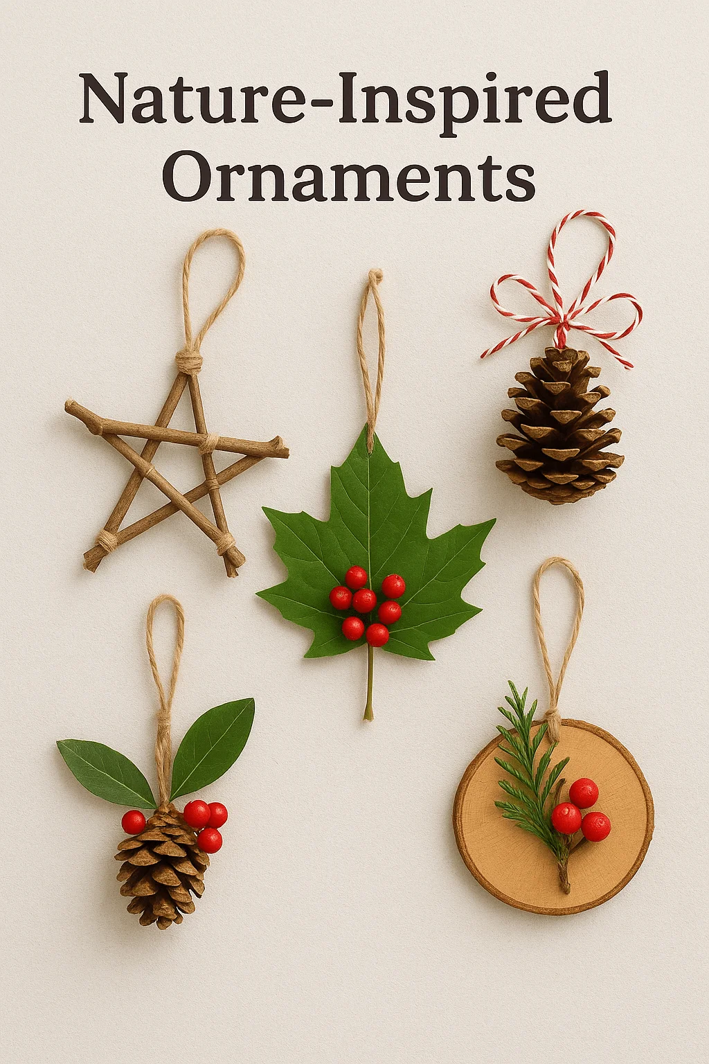 nature inspired christmas ornaments made with pinecones twigs leaves berries and wooden slices