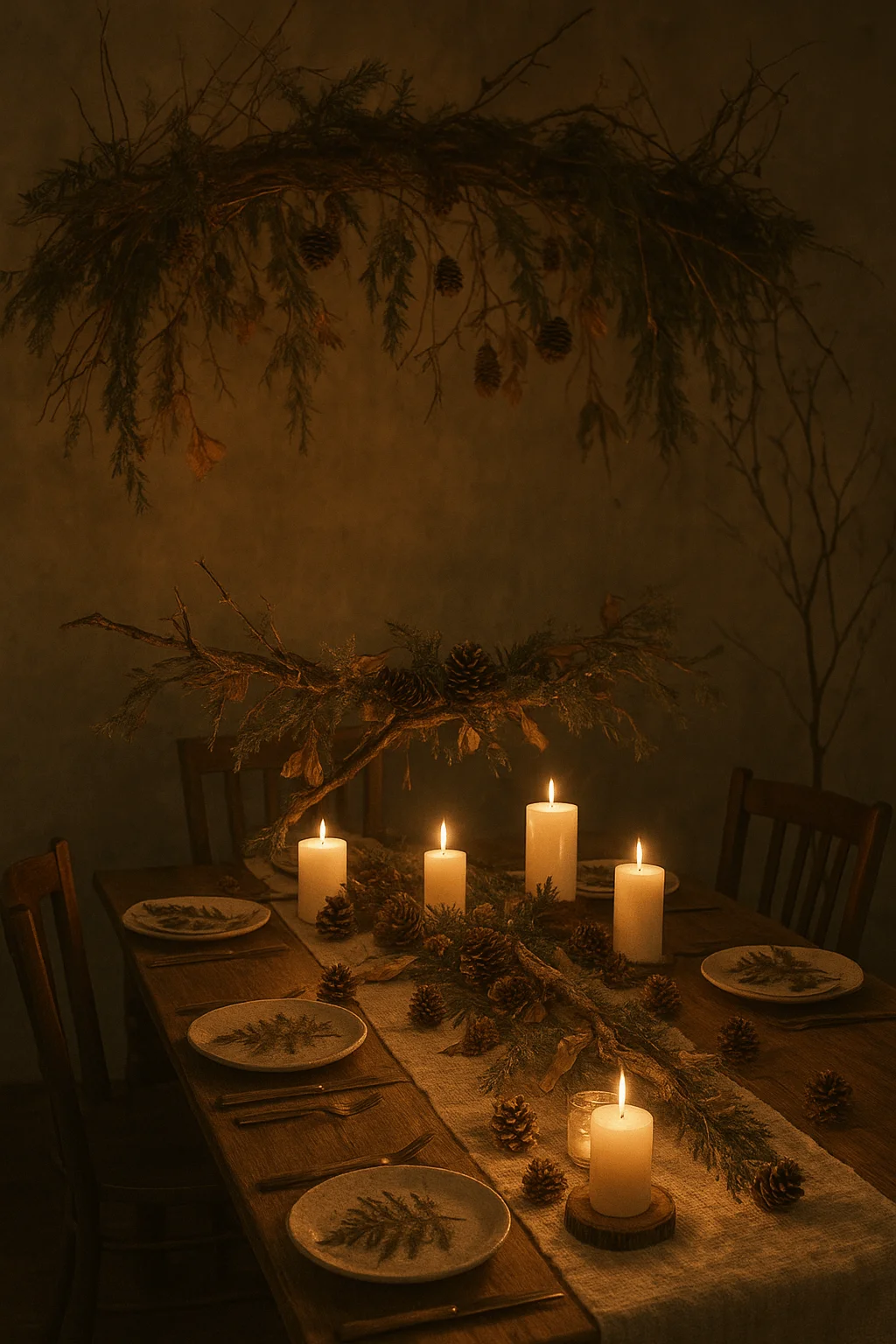 Warm candlelit woodland themed dining table decorated with pinecones evergreen branches rustic plates and hanging natural greenery for a nature inspired gathering.