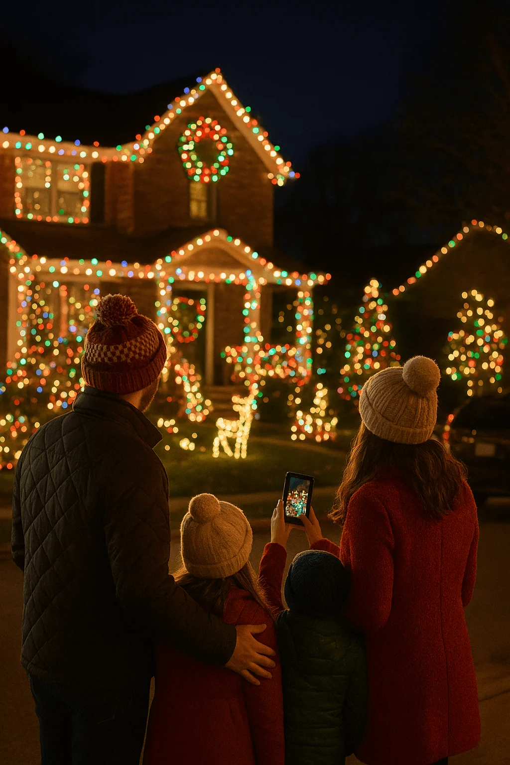 family admiring a house decorated with colorful christmas lights at night while a child takes a photo on a smartphone