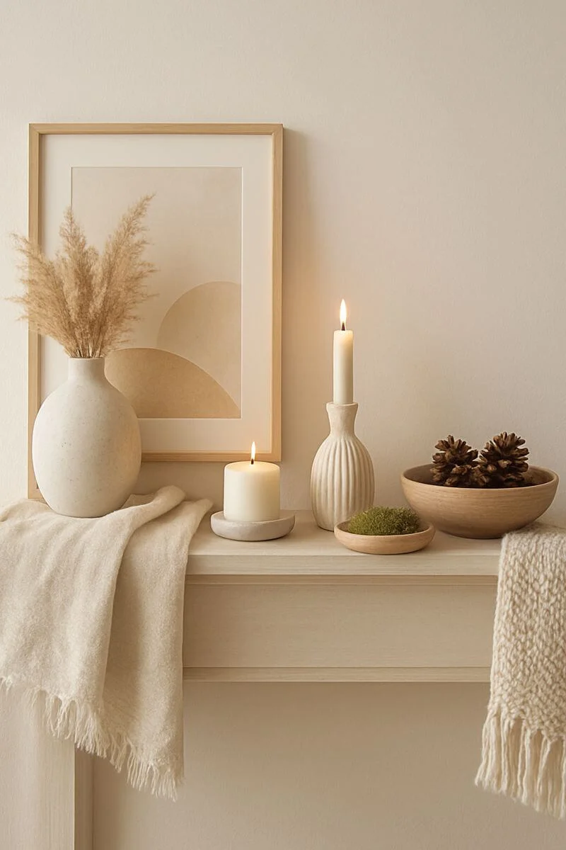 neutral scandinavian mantel decor with ceramic vases framed minimalist art pinecones candles and soft textured throws in warm beige tones