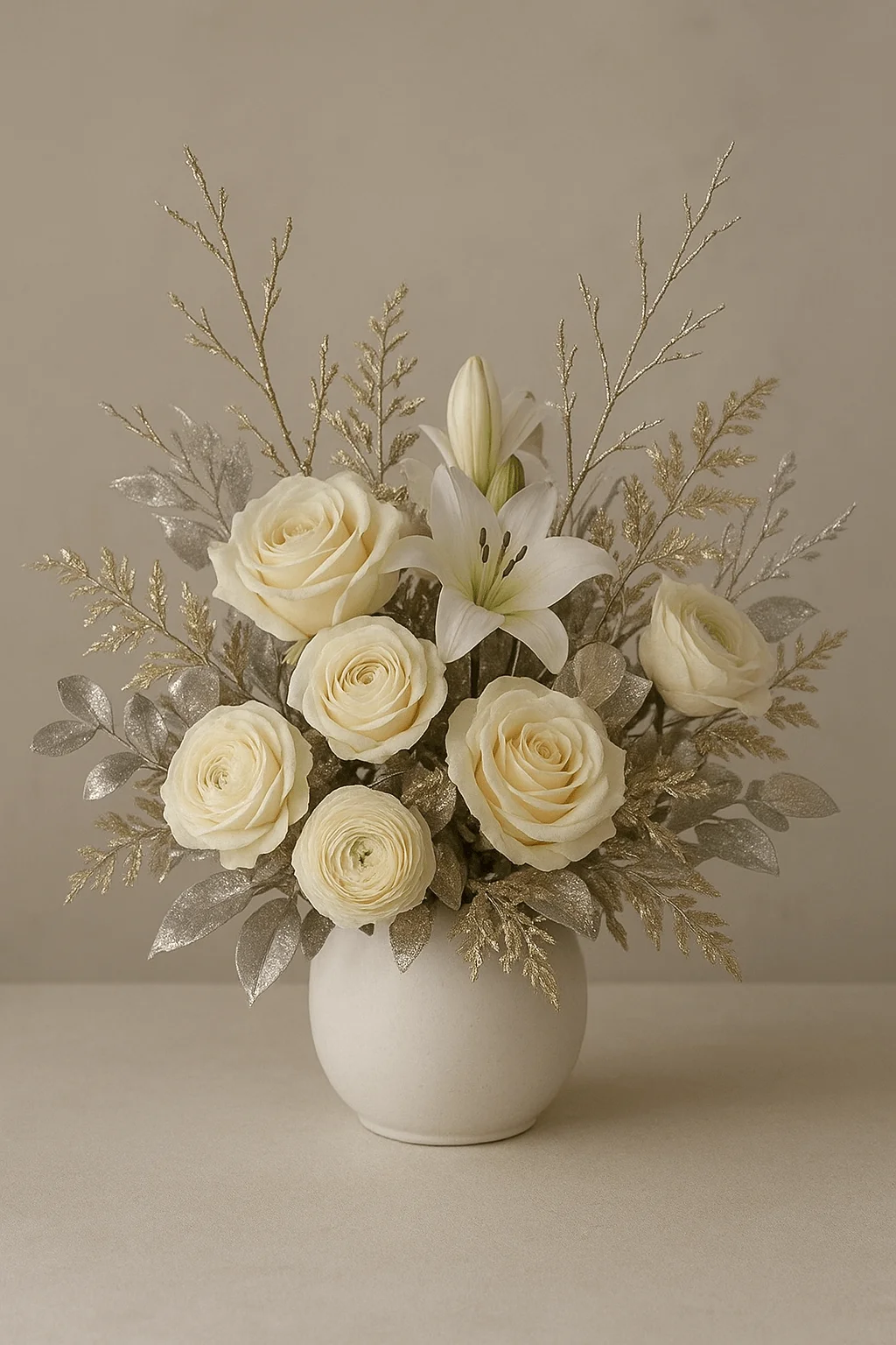 Neutral and metallic winter floral bouquet with white roses lilies and gold foliage arranged in a modern ceramic vase on a soft neutral background