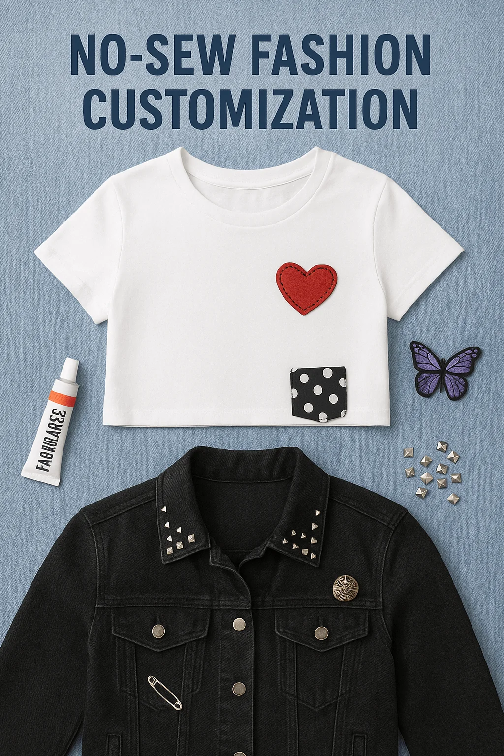 No sew fashion customization ideas showing a cropped white t shirt with fabric patches iron on decorations studs and a black denim jacket styled with accessories