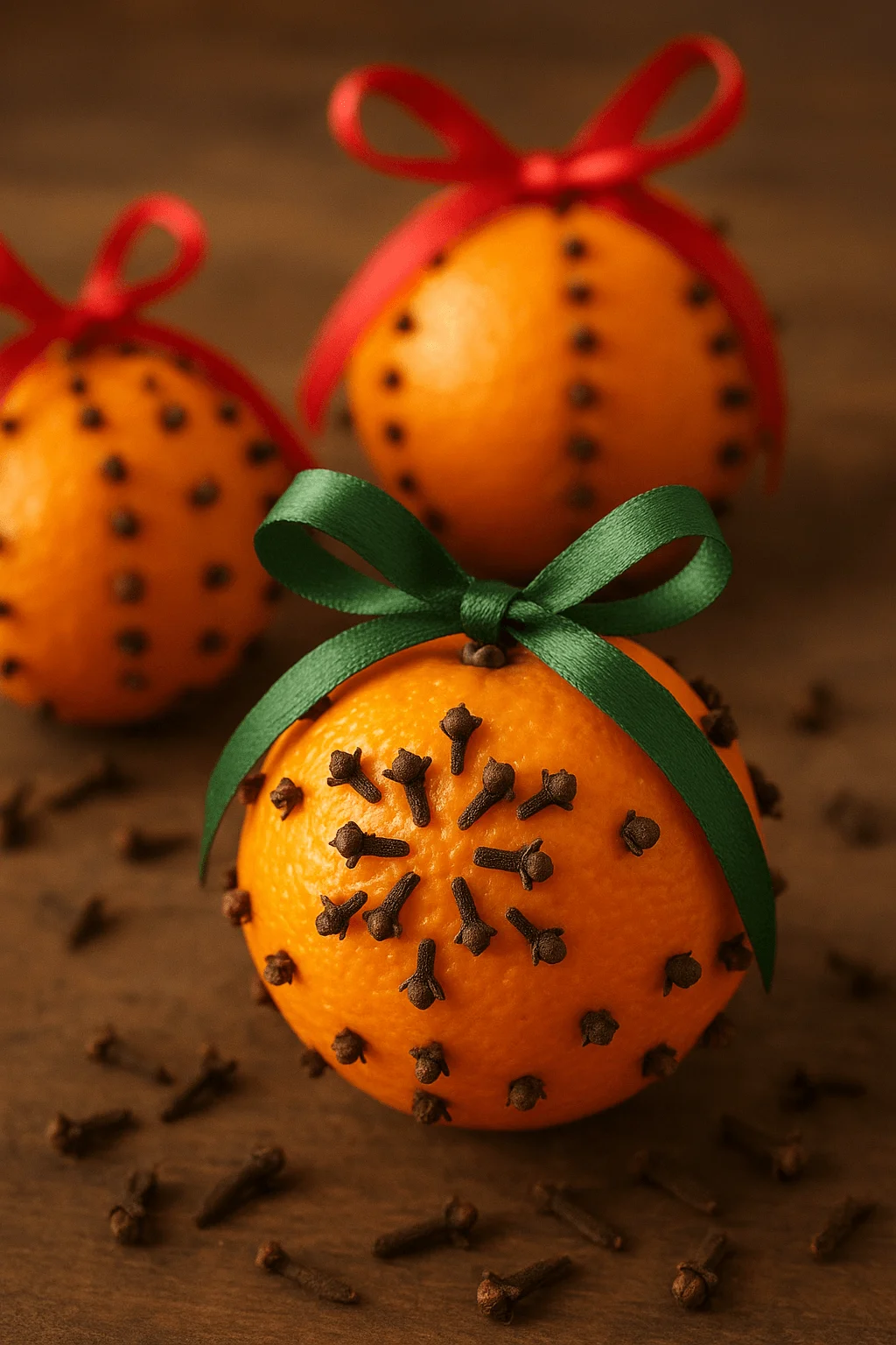 Christmas orange pomanders decorated with whole cloves and tied with red and green ribbon bows