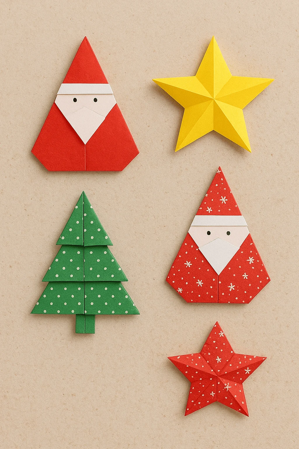 origami santa figures christmas tree and paper stars made from colorful patterned craft paper on a neutral background