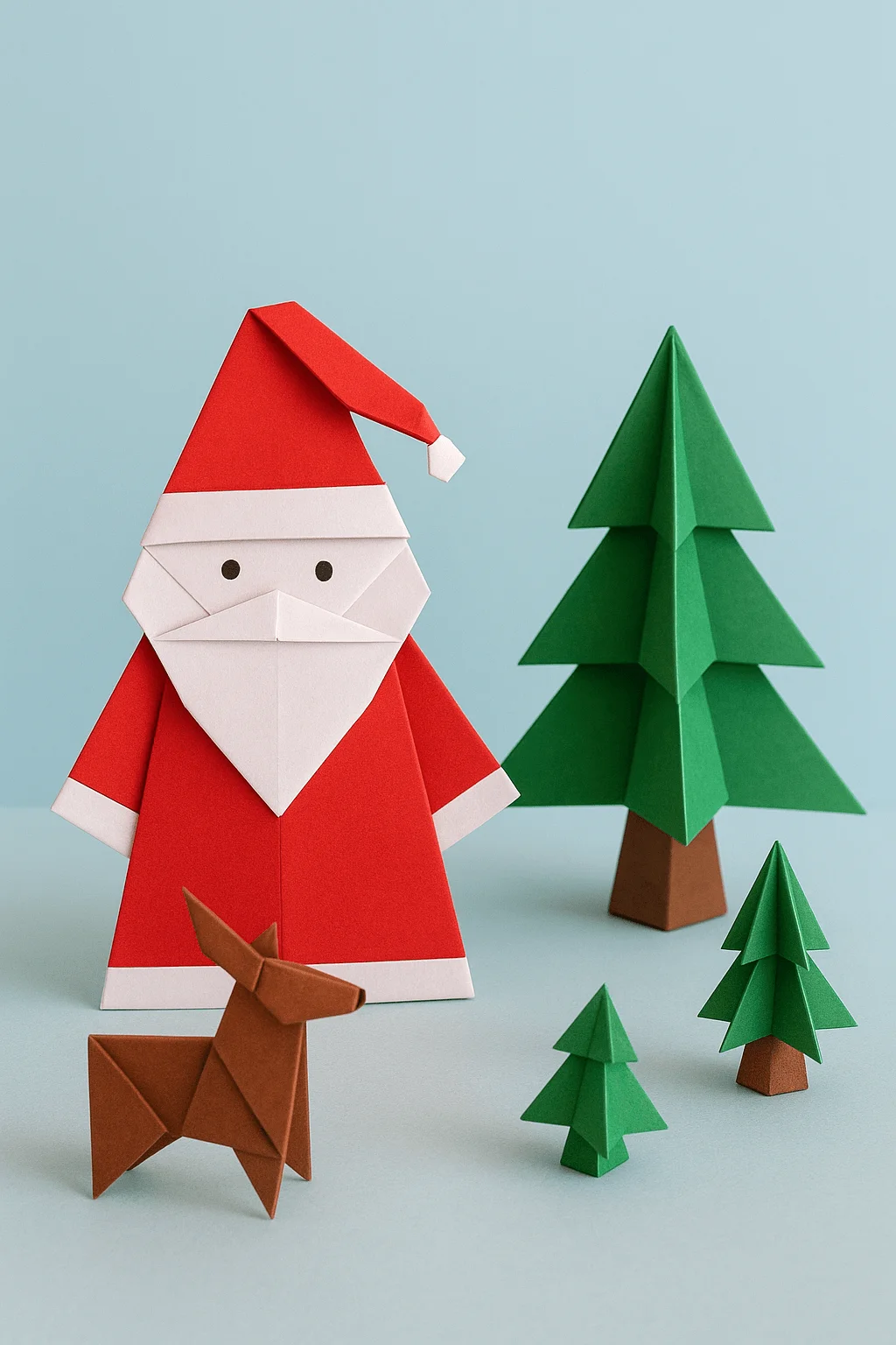 Origami Santa with paper Christmas trees and a brown origami reindeer on a light blue background