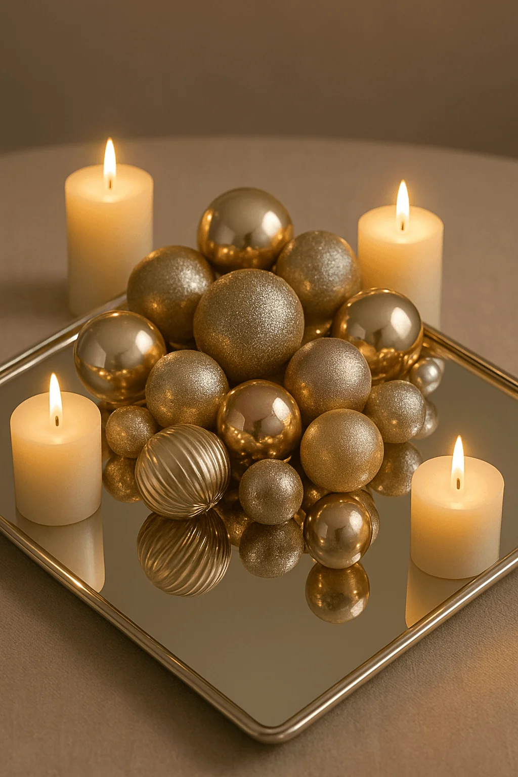 gold christmas ornaments arranged on a mirrored tray with glowing pillar candles