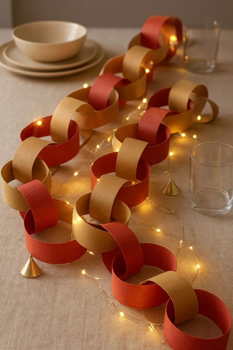 Oversized paper chain centerpiece in red and gold with warm fairy lights on a holiday table