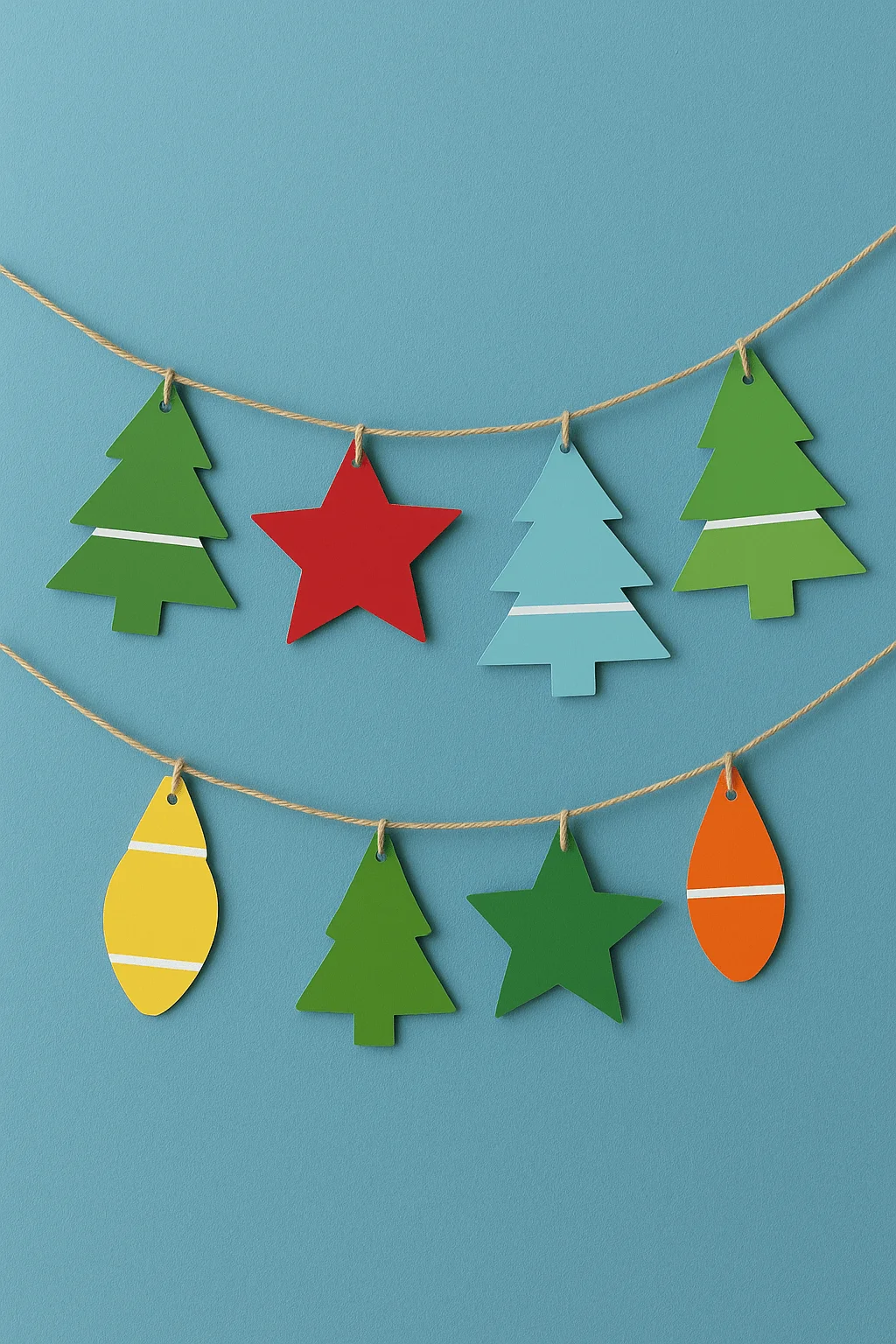 paint chip christmas garland with colorful tree star and ornament shapes hanging on twine
