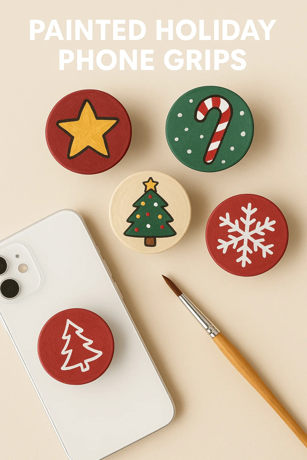 painted holiday phone grips featuring hand painted designs including a star candy cane christmas tree and snowflake displayed beside a white phone and paintbrush