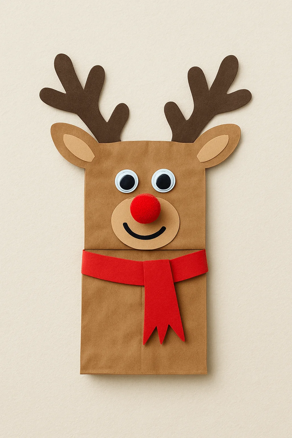 This image shows a cute paper-bag reindeer puppet craft. It’s made from a brown paper bag decorated with large brown antlers, ears, googly eyes, a round red pom-pom nose, and a simple smiling mouth. A bright red paper scarf is attached around the “neck,” giving it a festive holiday look.