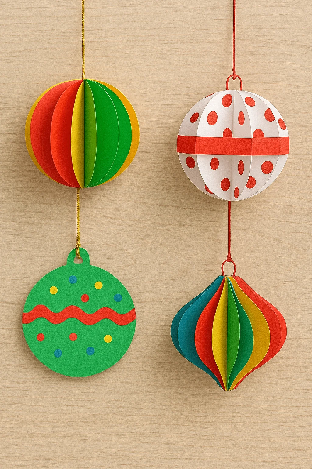 Colorful handmade paper bauble ornaments in various shapes, including layered spheres and teardrop designs, decorated with bright patterns and hanging on a light wooden background