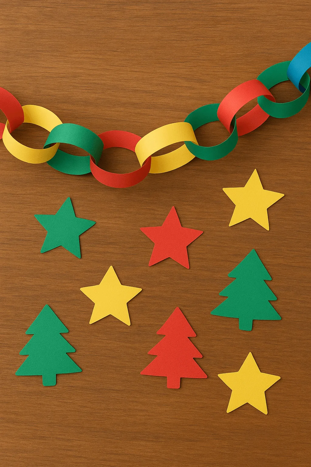 Colorful paper chain garland with cut out paper stars and Christmas tree shapes