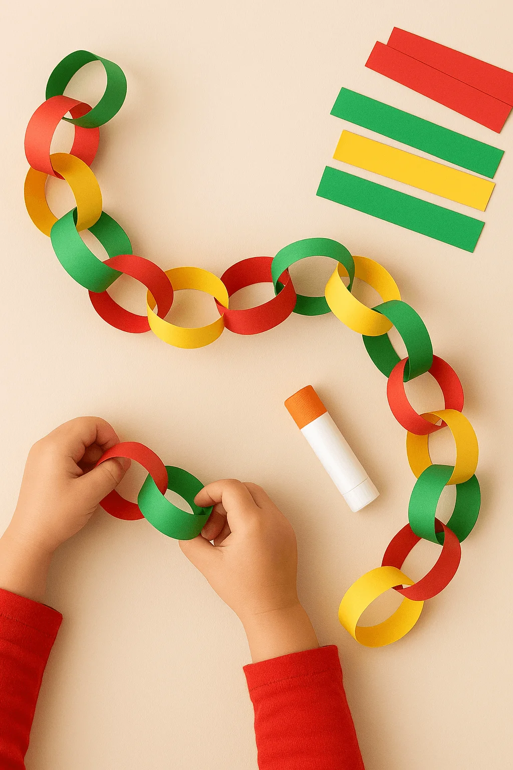 Child making a colorful paper chain garland using red green and yellow paper loops with glue stick nearby