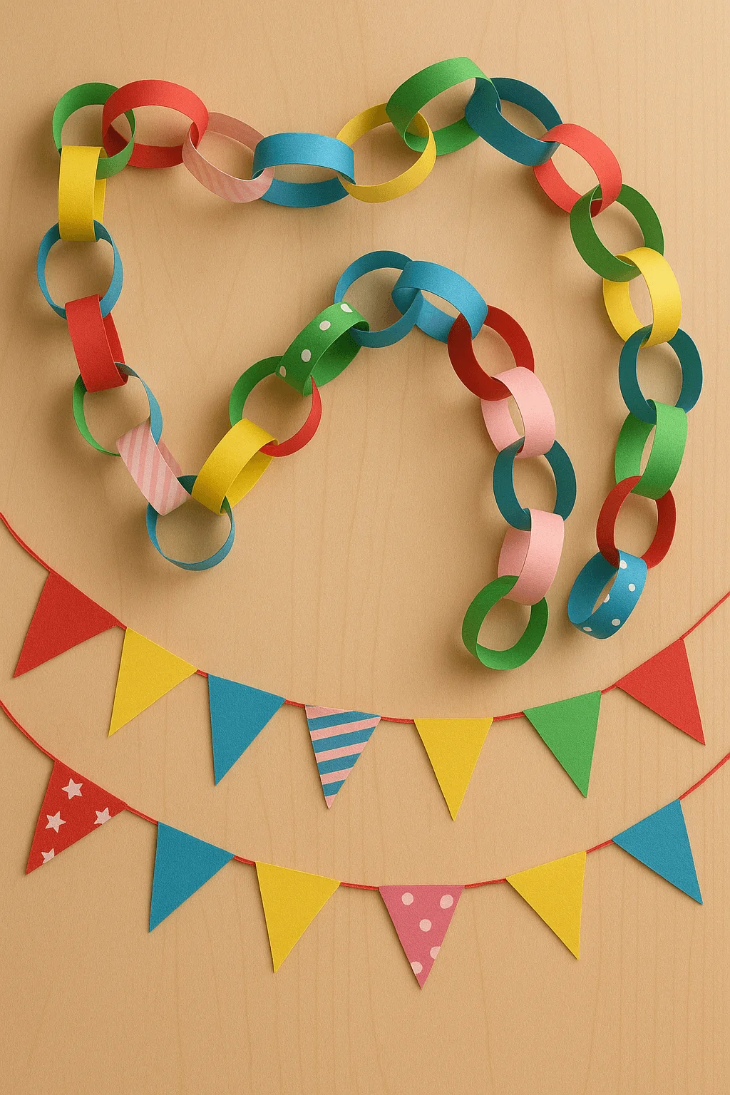 paper chain and garland crafts with colorful looped paper chains and festive triangle bunting decorations