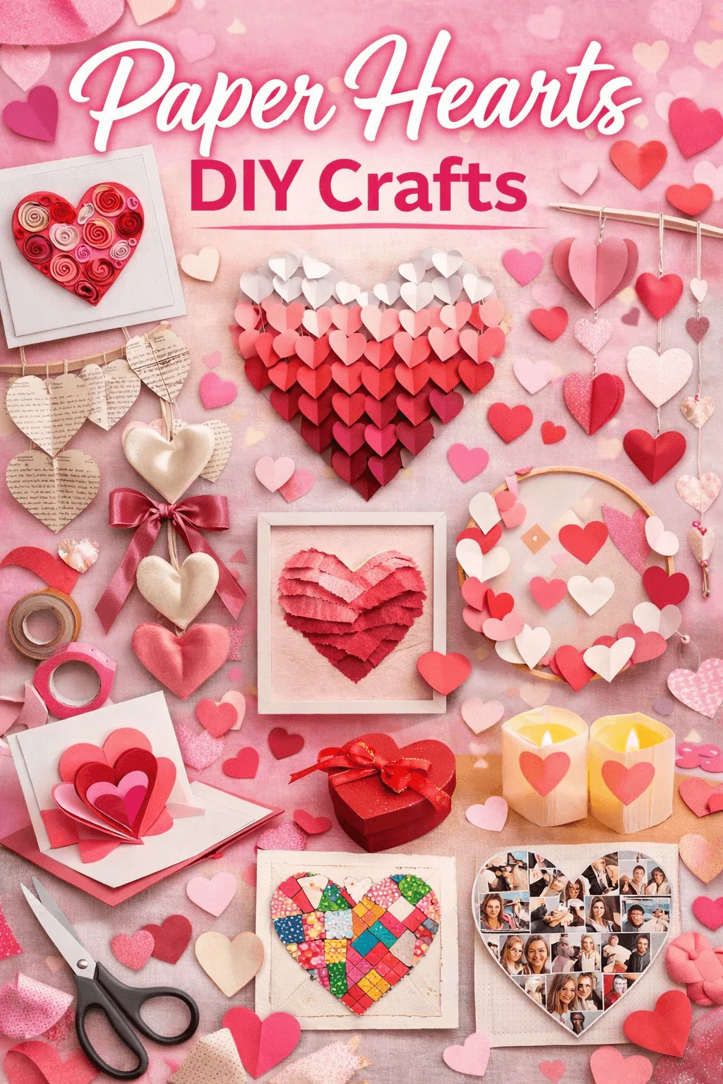 Paper hearts DIY crafts collage featuring handmade paper heart wall art greeting cards garlands candles photo collage hearts and romantic home decor ideas