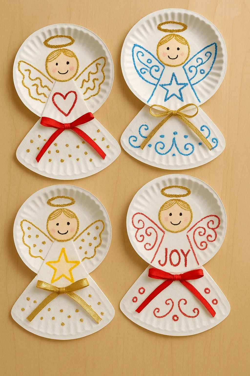paper plate angel crafts decorated with glitter designs colorful ribbons and smiling faces on a wooden surface
