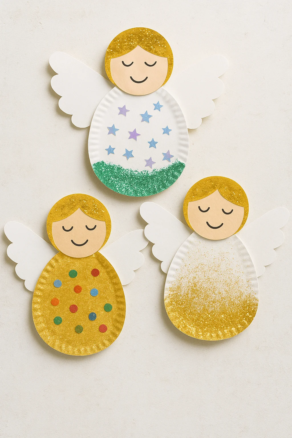 paper plate angel crafts with glitter decorated gowns and white paper wings