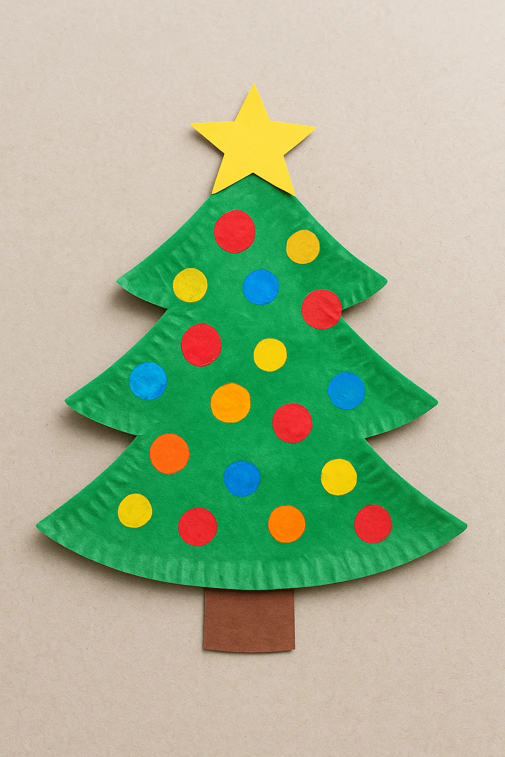 Paper plate Christmas tree craft decorated with colorful circle ornaments and a yellow star on top