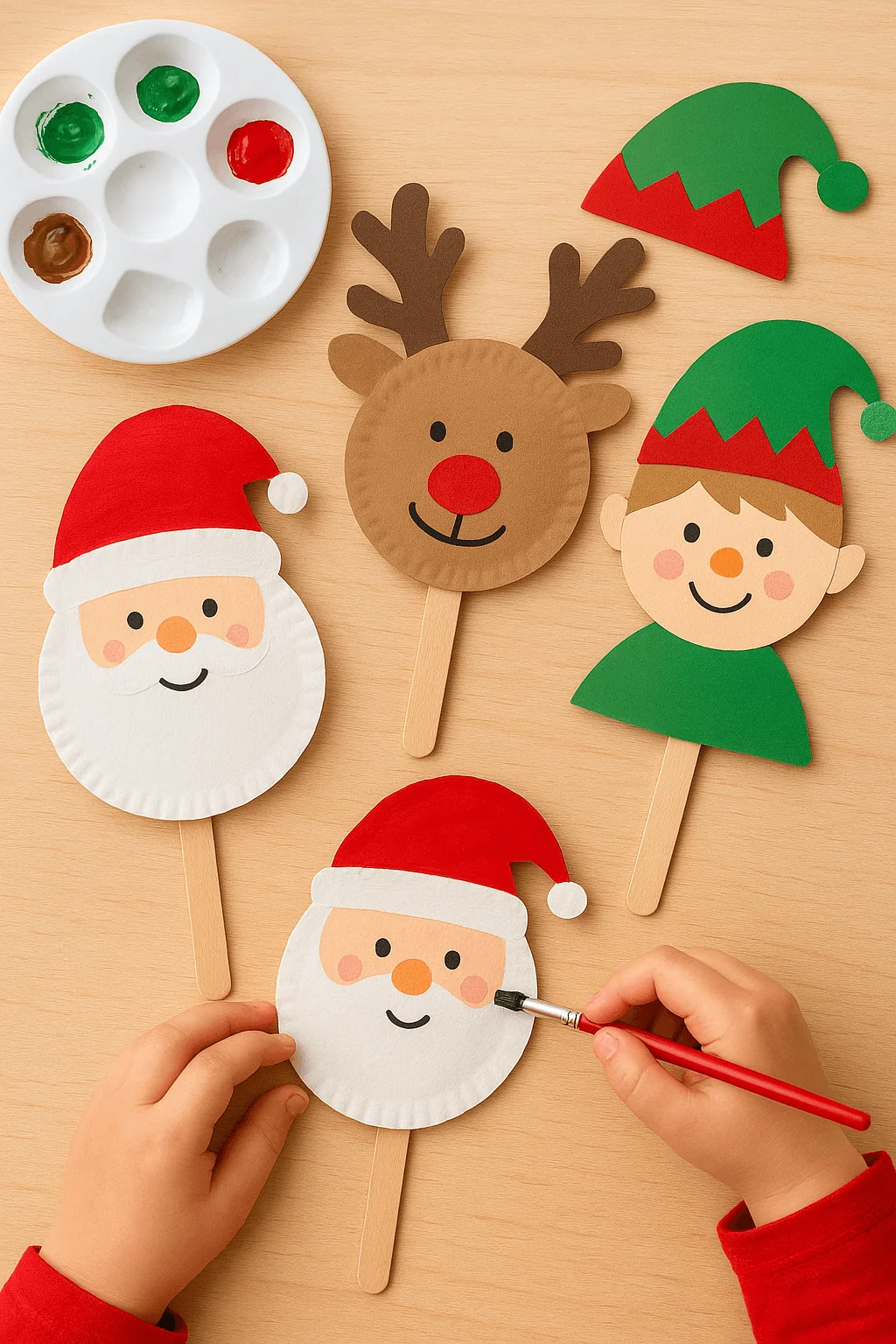 Paper plate holiday puppets, including Santa, a reindeer, and an elf, lay on a wooden surface while a child paints one of the Santa faces using a small brush.