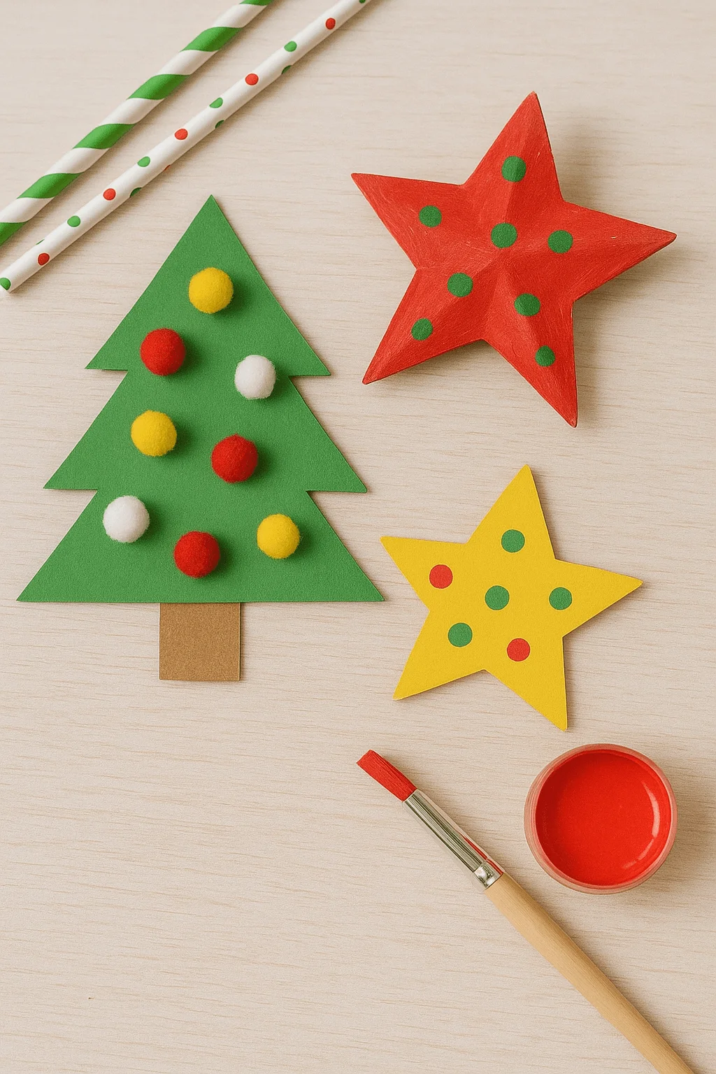 A green paper Christmas tree decorated with colorful pom-poms sits beside two painted paper stars, one red with green dots and one yellow with mixed dots, along with striped paper straws, a paintbrush, and red paint on a light wooden surface.