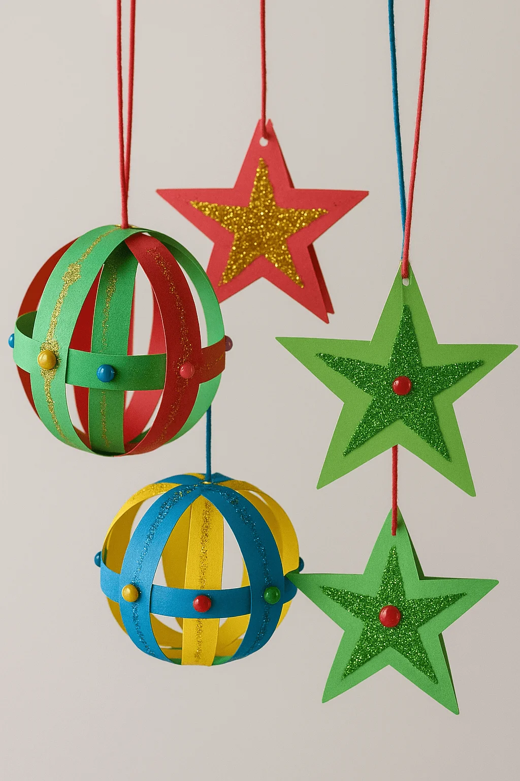 These are colorful paper-strip baubles and glittery paper stars, all hung as festive decorations. The baubles are made from curved strips of colored paper fastened together with small round brads, forming spherical ornaments. The stars are cut from paper and decorated with glitter, each hanging from a piece of yarn.
