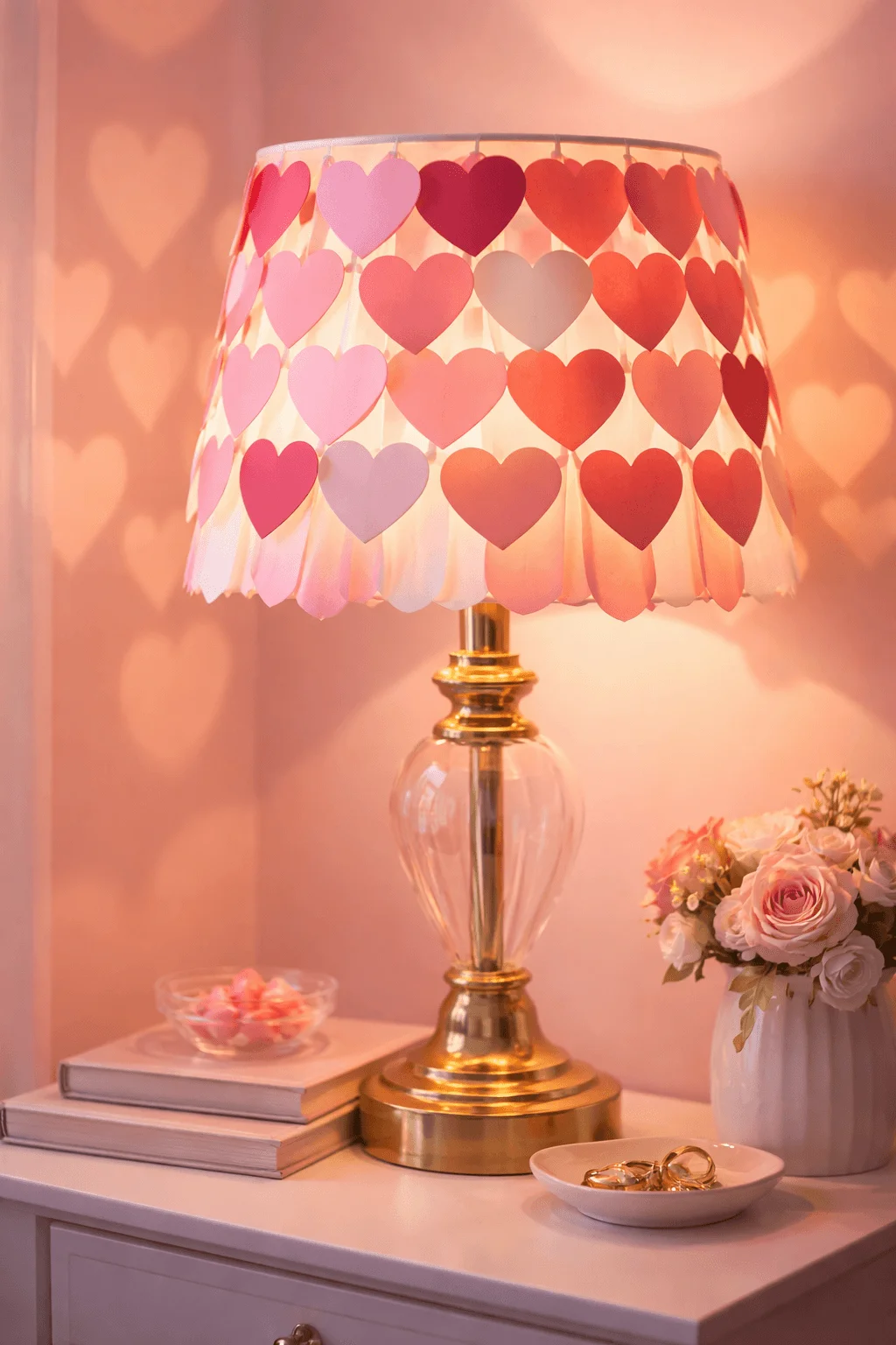 Paper heart lampshade overlays creating a warm romantic glow on a bedside table with soft pink decor and flowers